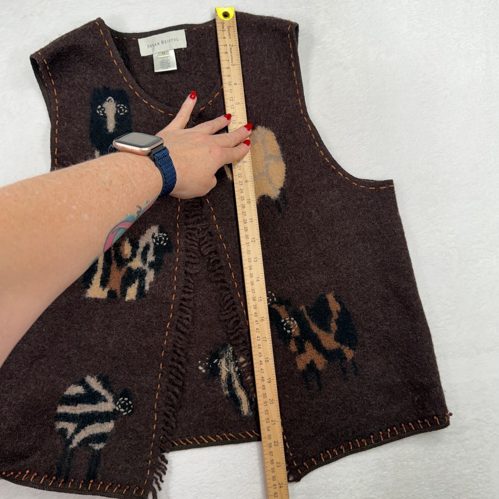 Susan Bristol M Wool Sweater Vest Goat Sheep Animal Print Embroidered Vintage - Picture 12 of 15